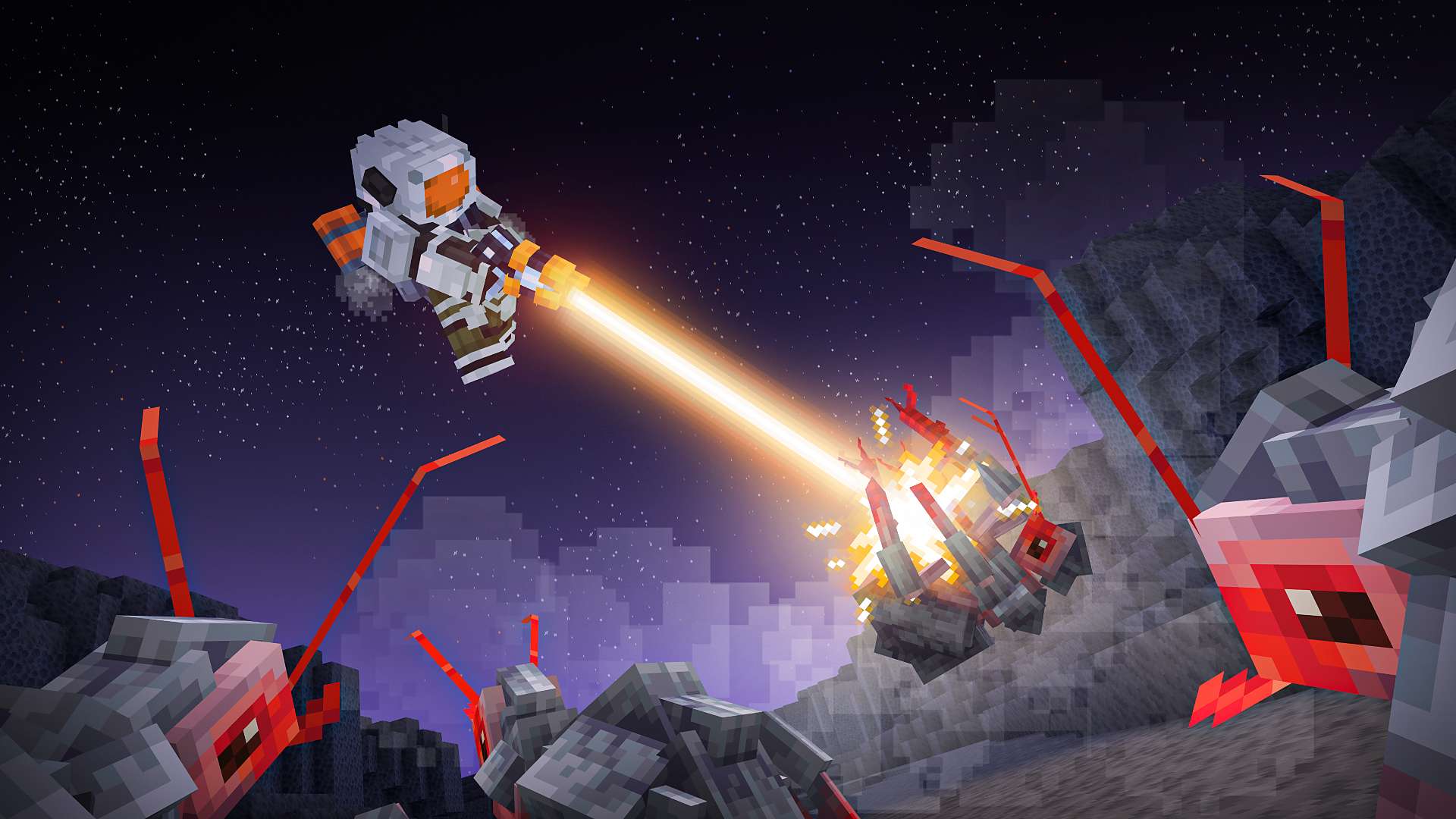 An astronaut fires a bright blaster beam at red Regolith creatures on the Moon