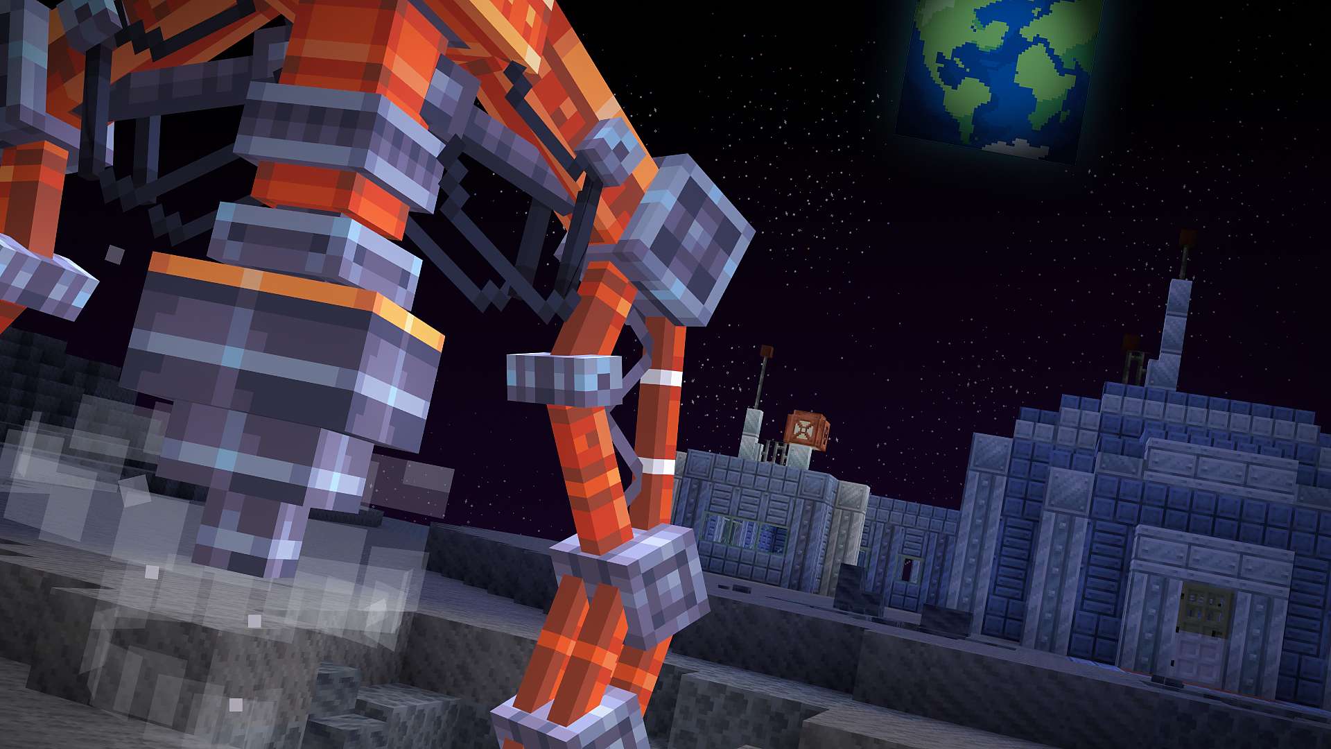 A tall orange Drill towering over a lunar base of metal buildings