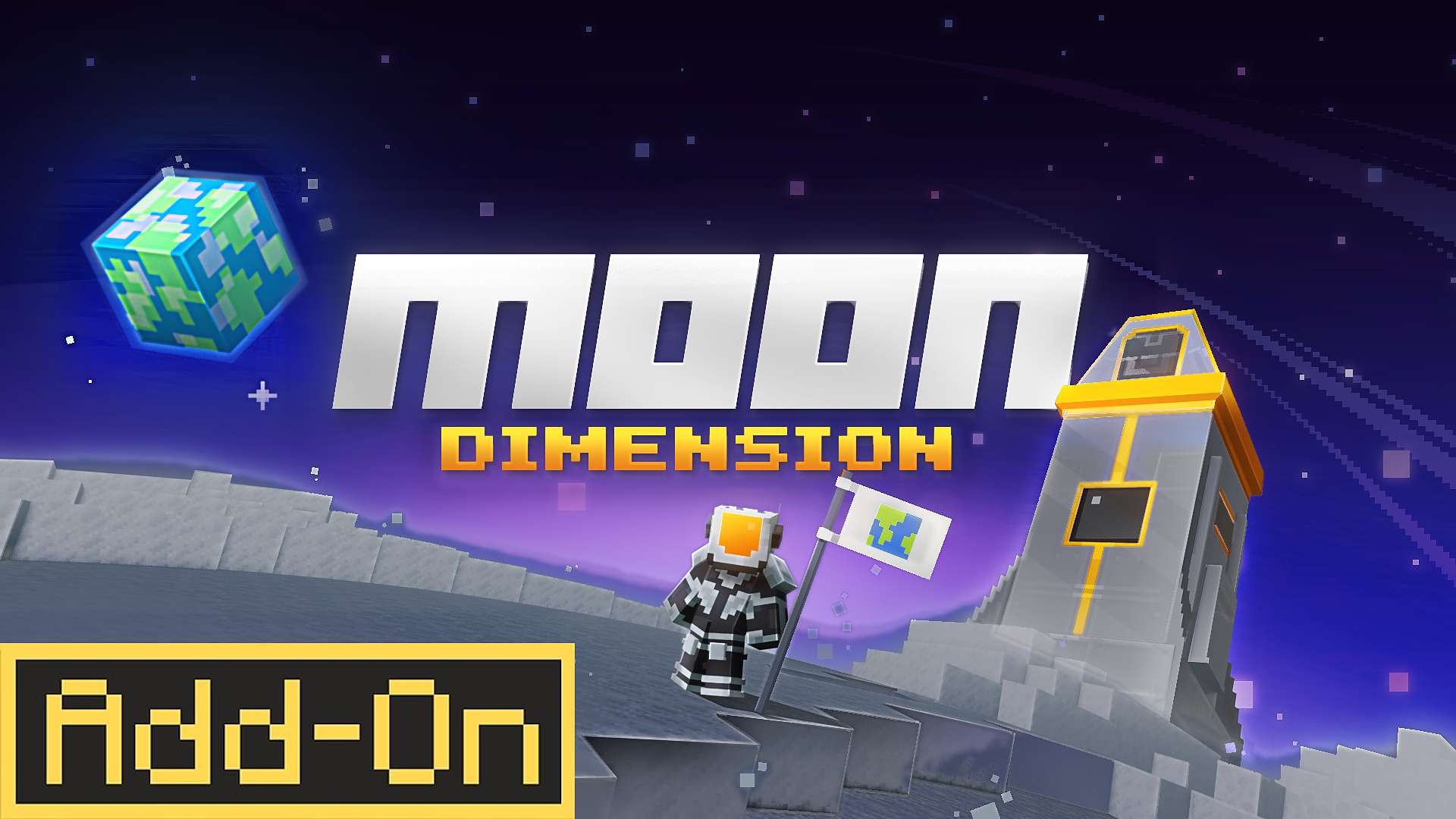Moon Dimension key art: an astronaut plants a flag on the Moon beside a rocket, with Earth in the sky