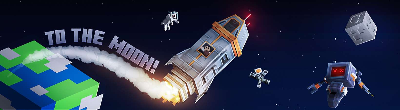 To the Moon: a rocket, floating astronauts, a dog and a drone leaving a cube-shaped Earth